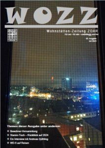 Das Bild zeigt das Cover Ausgabe 65 der Wohnstättenzeitung WoZZ. Darauf ist ein Foto zu sehen. Das Foto zeigt den Blick aus dem Fenster aus einem hohen Haus bei Nacht. Oben ist die Schrift WoZZ zu lesen.