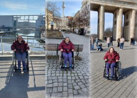 drei Bilder nebeneinander, auf jedem Bild ist Flora im Rollstuhl zu sehen.