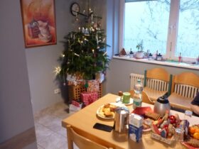 Ein weihnachtlich gedeckter Tisch, in der Ecke eine Weihnachtsbaum mit GEschenken darunter. Menschen sind keine zu sehen.