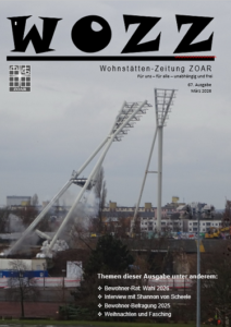 Das Cover der WoZZ, ein Foto der Sprengung der Flutlichtürme im Ludwig-Jahn-Sportpark. Oben auf der Seite steht groß WoZZ.